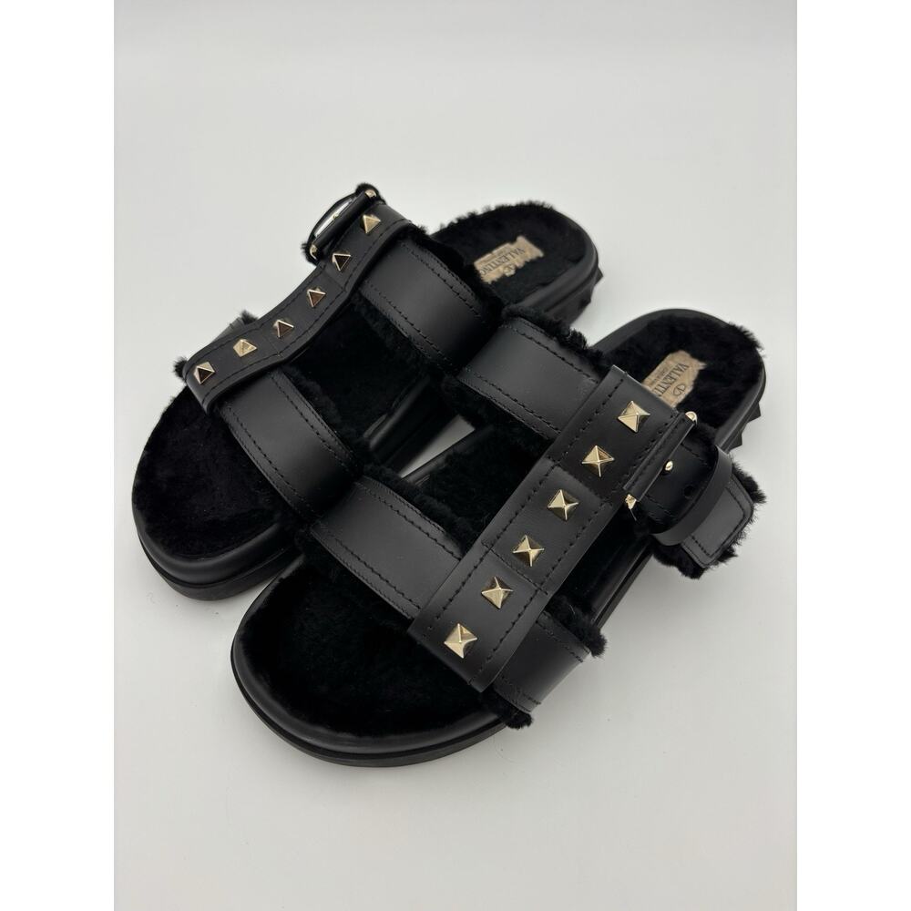 Authentic Valentino Rockstud Fur Lined Slides Dad Sandals Black Leather Size 38 - Picture 4 of 14